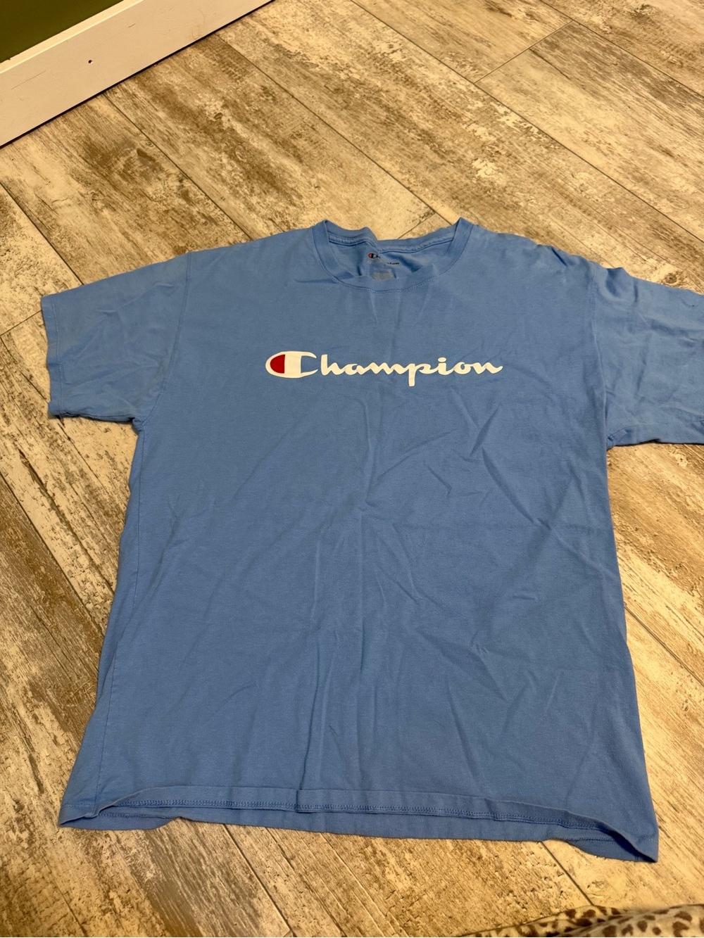 Champion Short-Sleeve Logo Tee in Sky Blue with Red Accent
